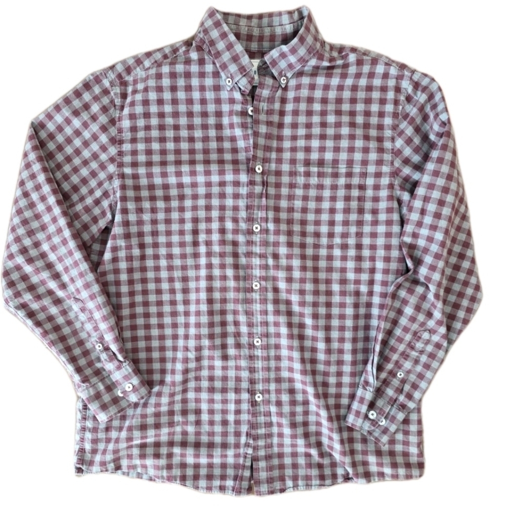 ROWM Mens Button Up Shirt Size Large Burgundy Gray Preppy Neutral Work Checkered
